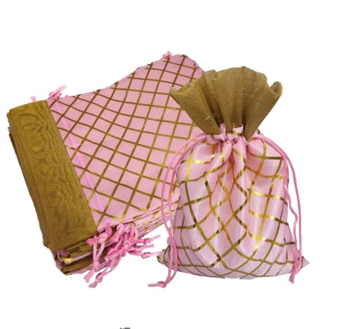 Image of 13CM X 18CM Small Drawstring Bags Pouches Potli for Gift Wedding Jewelry Packaging Bridal Party Favors for Women (10 Pc Pack, Pink Color Golden Berfi Print)