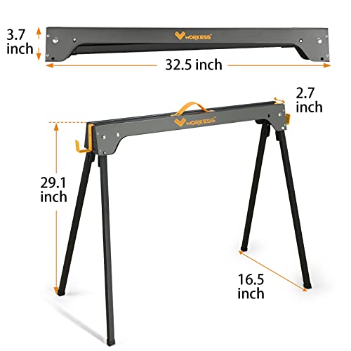 Image of WORKESS Saw Horses 2 Pack, Heavy Duty Folding Portable Saw Horses Table 2200 Lbs Load Capacity with 2x4 Support Legs, Fast Open Legs and Easy Grip Handle for Woodworking.