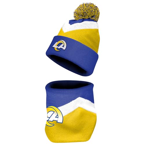 FOCO NFL Unisex-Adult Officially Licensed Primary Logo Team Color 2 Pack Neck Warmer Gaiter And Cuffed Knit Beanie Hat Set - Los Angeles Rams