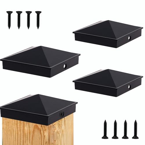 Azdele 4x4 Heavy Duty Aluminum Pyramid Post Caps Cover for 4x4 Nominal Wood Post(True 3.5 x 3.5) with Matte Finish Powder Coated Surface for Fence Wood Post of Decks or Corridors Black 4 Pack