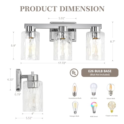 AURYNIX 3-Light Bathroom Light Fixtures Modern Chrome Vanity Lights with Water Ripple Glass Wall Sconces Over Mirror for Bathroom, Powder Room, Living Room by AURYNIX - Used condition - Image 3