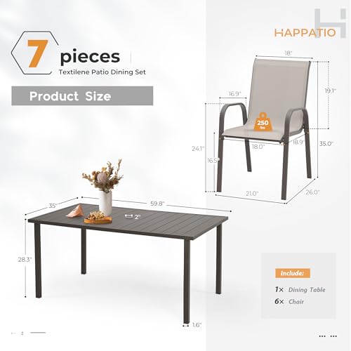 Image of HAPPATIO Outdoor Patio Dining Set, 6 Quick Dry Textilene Dining Chairs and Dining Table with Umbrella Hole, Stackable Textilene Chairs for Garden, Patio and Poolside Backyard, Grey