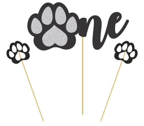 SVM CRAFT® Happy 1st Birthday Dog Cake Topper - Pawty One, Glitter Black & Silver