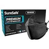 SURESAFE Black Disposable 3D Face Masks KF94 Korean Style, 5-Ply Breathable Fish Mask for Adults, PFE 95% Filtration, Anti-Fog Nose Wire, Latex-Free Hypoallergenic, Individually Wrapped, 50 Pack