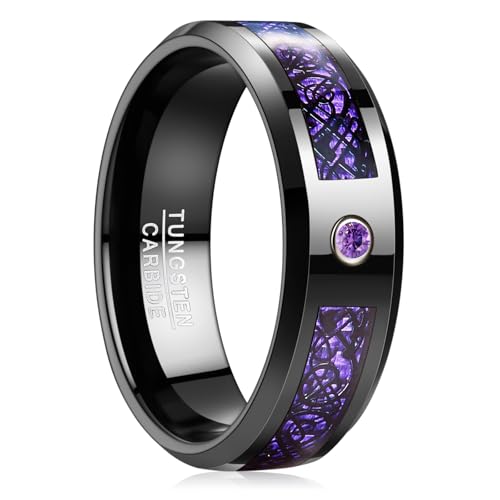 Mens Wedding Band with Celtic Dragon 8mm, Black Tungsten Ring Inlaid with Purple Carbon Fiber and CZ, Comfort Fit Rings for Engagement Anniversary, Beveled Edges, Size 7-12