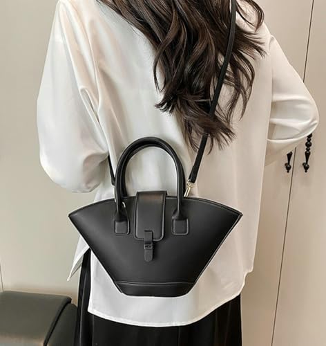 Trendy Fan-shaped Bucket Bag for Women Retro PU Leather Shoulder Crossbody Bag with Top Handle Satchel Purse3
