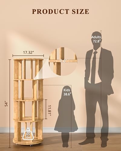 Image of IUNVR 4 Tier Rotating Bookshelf Tower Spinning Bookshelf with Swivel Wheels Book Shelf Rotating Storage Tower for Kids Adult Narrow Solid Wood Revolving Bookcase Organizer for Bedroom Living Room