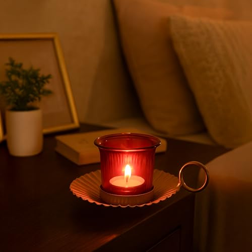 Image of MARKET 99 Metal+Glass Single Votive T Light Holder | for Diwali, Christmas, Birthday, and Wedding | Decorative Candle Holder for Home Decor & Festive Season | Golden & Red