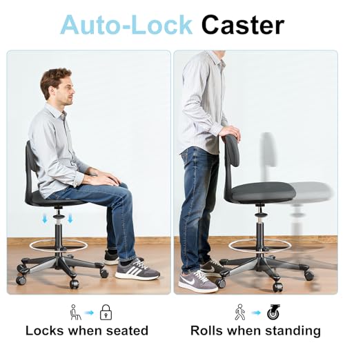Image of Drafting Chair with Auto-Lock Gravity Wheel,Height Adjustable Standing Desk Chair,Tall Drafting Stool,with Back Support & Foot Rest,No Arms,for Studio,Lab,Office or Home