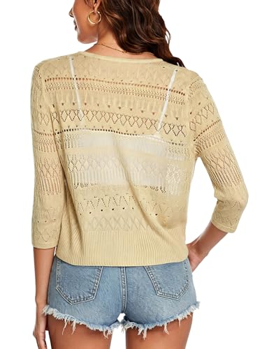 Image of Spicy Sandia Tie Front Sheer Shrug 3 /4 Sleeve Cropped Crochet Cardigan for Summer Lightweight