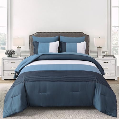 Juego de ropa de cama azul marino Queen de 7 piezas para evitar arrugas 2
