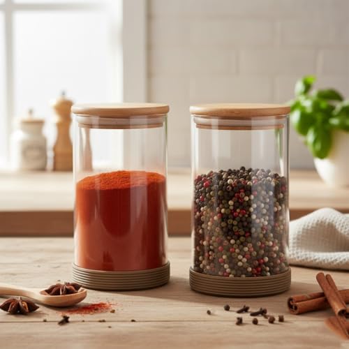 Image of Femora Borosilicate Glass Jars 1000ml Set of 2 | Wooden Airtight Lid | Silicon Base | BPA Free & Food Grade | Scratch Resistant | 1 Year Lid Warranty | For Cookies, Snacks, Spices | Transparent