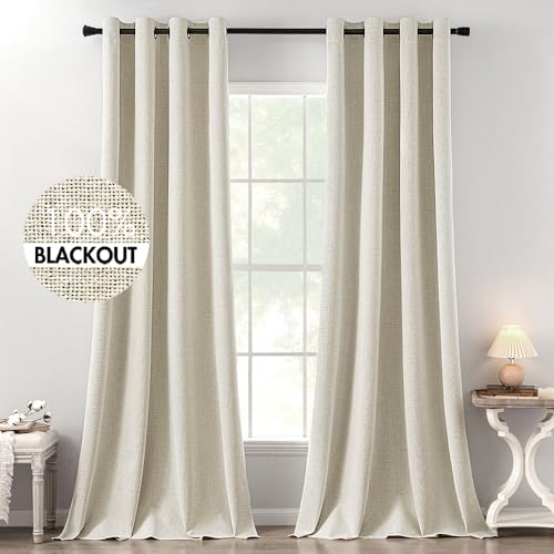 Image of MIULEE 100% Blackout Linen Textured Curtains for Bedroom Solid Thermal Insulated Cream Grommet Room Darkening Curtains & Drapes Luxury Decor for Living Room 52 x 120 Inch (2 Panels)