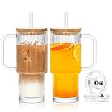 SoulTimes 24oz Ribbed Glass Tumbler with Handle and Bamboo Lid, Set of 2 Glass Cups with Lids and Straws for Coffee, Tea, Juice and Smoothies, Reusable Iced Coffee Cups Includes 2 Sealed Plastic Lids