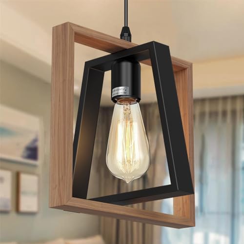 HMAKGG Suspension Luminaire Bois, Petit Lustre Suspendu Industriel, E27 Lustre Salon Noir Réglable en Hauteur, pour îLot de Cuisine, Salle à Manger, Chambre à...