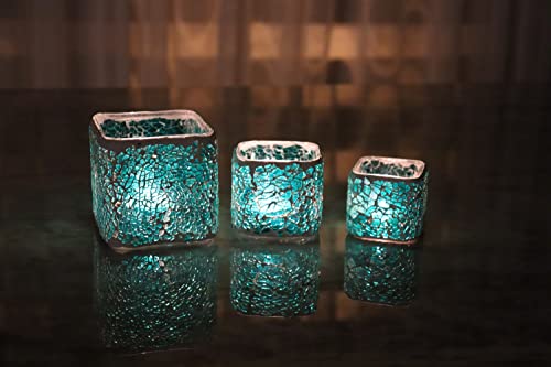 3 Pcs Handmade Glass Mosaic Candle Holder, Stained Glass Tealight Votive Holder (Turquoise) #TOP5