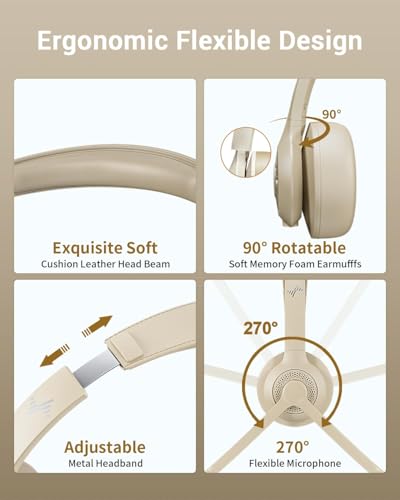 Image of JIAMQISHI Bluetooth V5.2 Office Headset in Apricot, Wireless Headphones with Noise Reduction Microphone, USB Receiver and Mic Mute for Video Conference & Cellphones