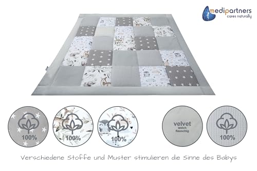 Medi Partners Krabbeldecke für Baby Spielmatte 100% Baumwolle Krabbelmatte - 100x100cm Krabbeldeck Dick Weich Decke Laufgittereinlage Babydecke Minky Waffel Spielbogen (Hirsch in Blättern)