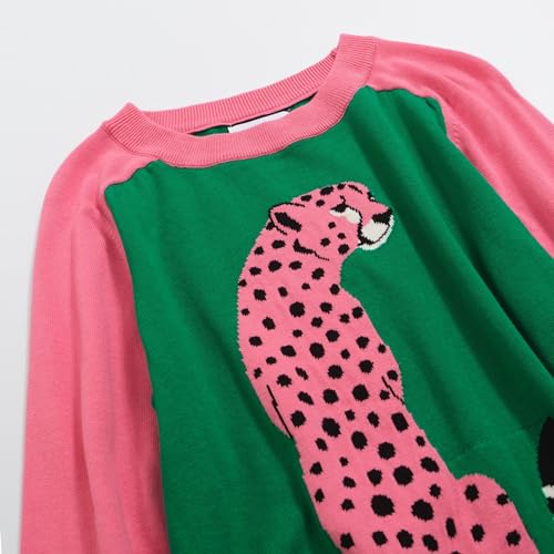 OXKnit Women's Knitted Long Sleeve T-Shirts, 1960s Mod Style Retro Pink Green Casual Cotton Tops3