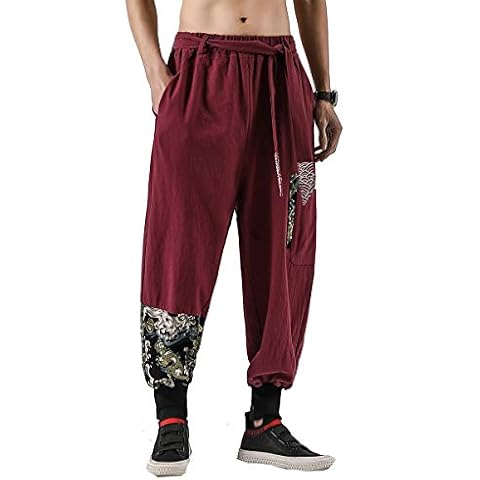 Seidarise Men's Linen Harem Pants Casual Baggy Cotton Solid Color Loose Frog Button Elastic Waist Pocket Cover