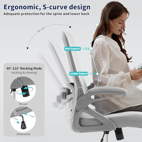 Image of Ergonomic Office Chair, Desk Chair with Adjustable Lumbar Support, Breathable Mesh Comfy Computer Chairs with Flip-up Armrests Executive Task Chair for Adults Home Office (Gray)