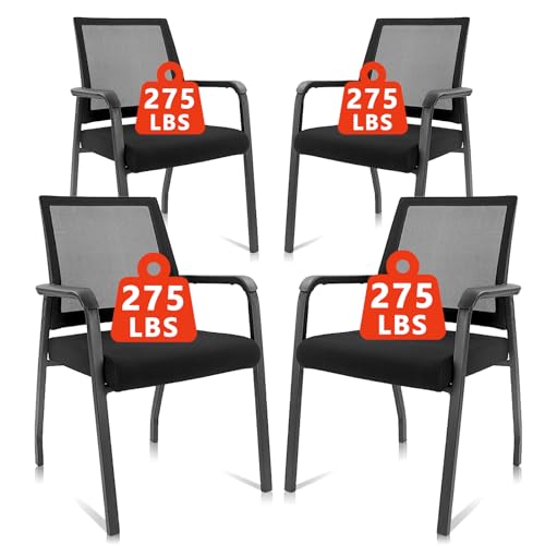 Image of KLASIKA Desk Chair No Wheels, Waiting Room Office Guest Chairs with Lumbar Support and Mid Back Mesh Space Air Grid Series for Reception Conference Room for Office School Church, 4Pack Black
