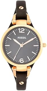 Fossil Uhr für Damen Georgia, Quarzwerk, 32mm Rose Gold Edelstahlgehäuse mit einem Echtlederarmband, ES3077
