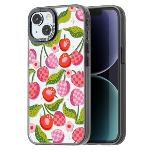 Coque iPhone 15 carreaux girly noir motif cerise chic