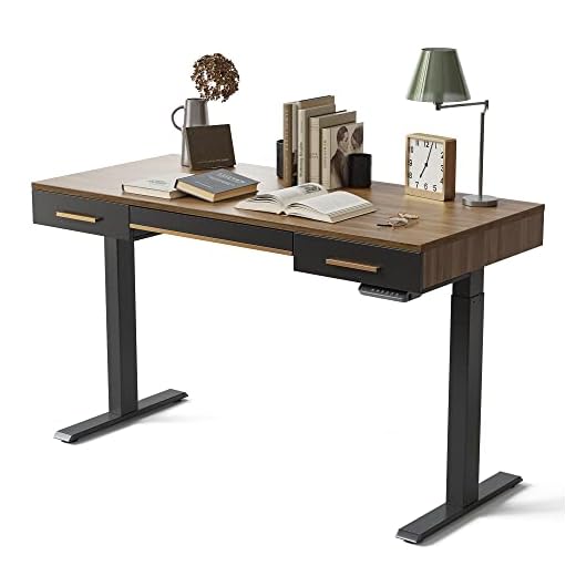 FEZIBO 55 x 26 Inches Mid-Century Modern Electric Standing Desk with 3 Drawers, Whole-Piece Stand Up Home Office Desks, Vintage Top/Black Frame（2 Packages）