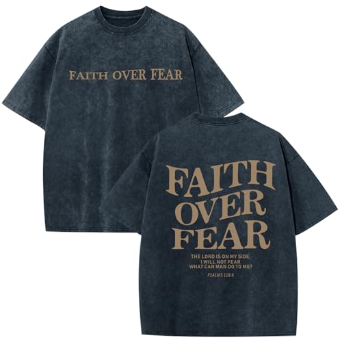 Image of Christian Faith Over Fear Shirt for Men Jesus Religious Shirts Oversized Graphic Tees Acid Wash God T-Shirt