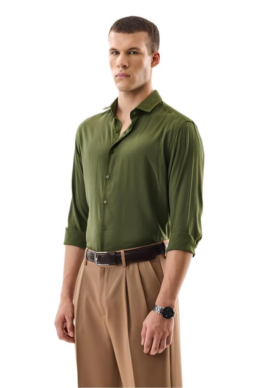 Image of SNITCH Men Casual Shirt | Regular Fit Full Sleeve Spread Collar Solid Design | Premium Polyester Viscose Blend & Lightweight Fabric for Office & Outings