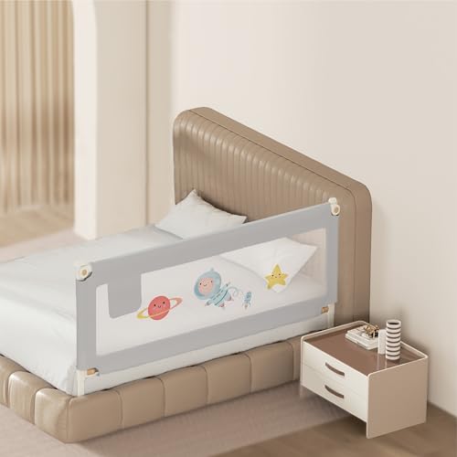 Image of Kids Station Foldable Baby Bed Rail Guard - 28-Level Adjustable Height, 5.3ft (160cm), 1 Side, Made in India (Grey, with Pocket)