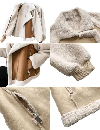 Women's Winter Lapel Collar Faux Suede Coat Long Sleeve Jacket Short Warm Lambswool Fur Fuzzy Biker Motor Outwear Top2