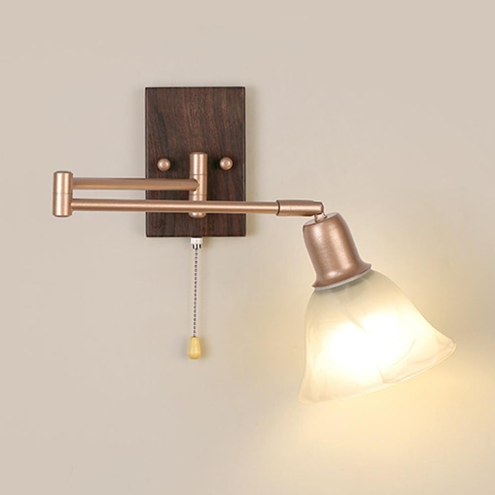 SXECAEPS Swing Arm Glass Wall Lamp Farmhouse Wood Grain Sconce Vintage Walnut Color Lantern for Bedroom Bedside Living Room Study Corridor Entryway Restaurant(A)