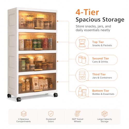 Image of KRISHYAM Modular Plastic Storage Cabinet with Translucent Doors & Wheels | Multi-Tier Clothes & Utility Organizer | Dustproof Freestanding Wardrobe (4 Layer - 4 Door (White))