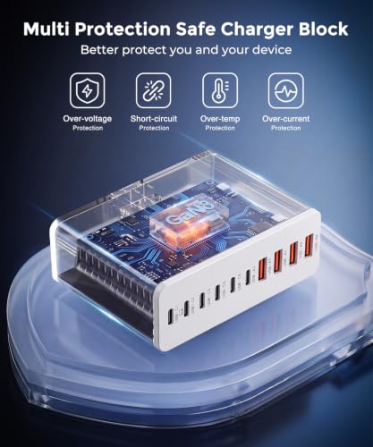 Image of USB C Charging Station 10 Port with 4 Cables,245W GaN Charger Block | Type C Wall Charger Power Strip Adapter Plug for iPad iPhone17 16 15 14 13 12 Pro Max Pixel Note Galaxy White