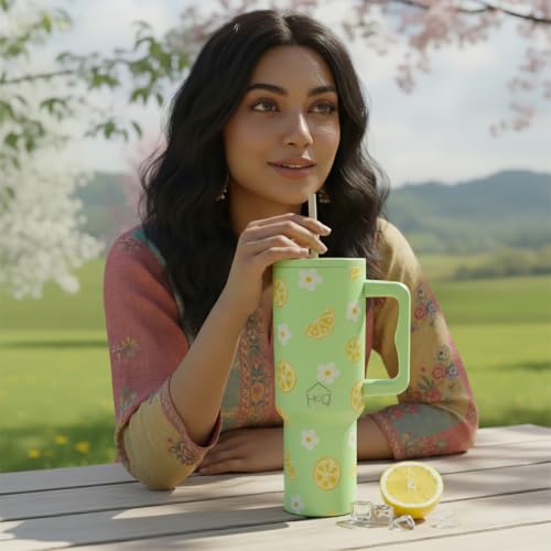 Image of House of Quirk 1200ML Stainless Steel Tumbler with Handle & Lid, 2 Straws - Large Travel Mug Water Cup for Gym, Office & Outdoor Use (Green Lemon)