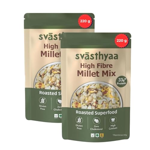 Image of Svasthyaa High Fibre Millet Mix | Roasted Chivda Namkeen with Jowar, Chana Jor, Moong Jor & Corn Flakes | Healthy Ready to Eat, Sugar Free, Gluten Free, Diabetic Friendly Jain Snack (220gmX2)