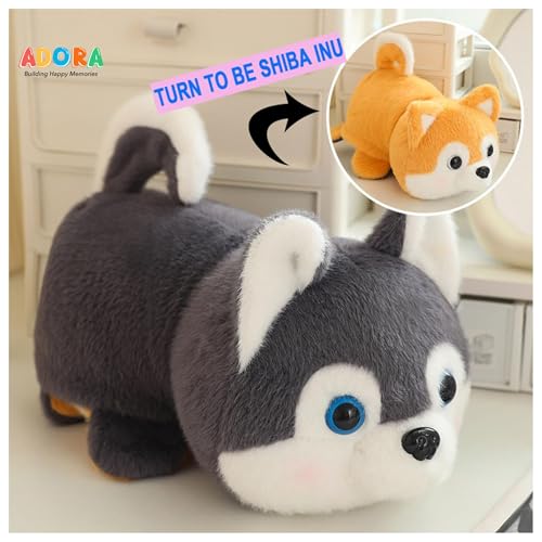 Image of ADORA Reversible Husky Dog Soft Toy | 2-in-1 Transformable Plushie | Cute Reversible Husky Plush Toy | Soft Stuffed Animal Plush for Kids & Baby Girls | 20cm Plush Teddy Bear Gift (Gray & Orange)