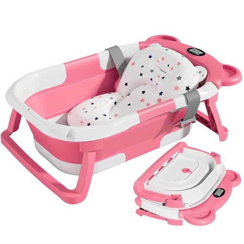 Image of TPN Collapsible Baby Bathtub for Infants to Toddler with Real-time Temp Monitor+Floating Cushion,Foldable Baby Bath Tub Set Applicable 0-36 Month,Perfect Portable Travel Baby Tub for Newborns Girl