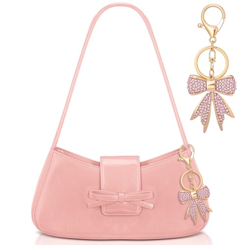 Abbylike Bow Shoulder Bag for Women with Rhinestone Bow Charm Handbag Y2k Purse Leather Clutch Cute for Valentine's Day Gift(Pink)