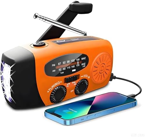 Solar Radio, Tragbar Kurbelradio Dynamo Radio mit AM/FM, Notfall Radio mit Kurbel, 2000mAh Wiederaufladbare Powerbank,LED Taschenlampe,USB-Handy-Lader für Camping Ourdoor orangefar