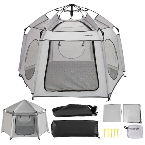 Image of Asweets 4 in 1 Pop Up Playpen Indoor and Outdoor Portable, Lightweight Baby Playpen with Travel Bag,Baby Beach Tent and Play Toddler Play Yard Canopy(Grey)