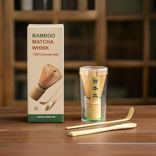 Matcha Whisk Set- Bamboo For Powder Handcrafted Traditional Japanese Chasen 100-Prong Stirrer Wisk Mixer Brush Scoop&Teaspoon Included