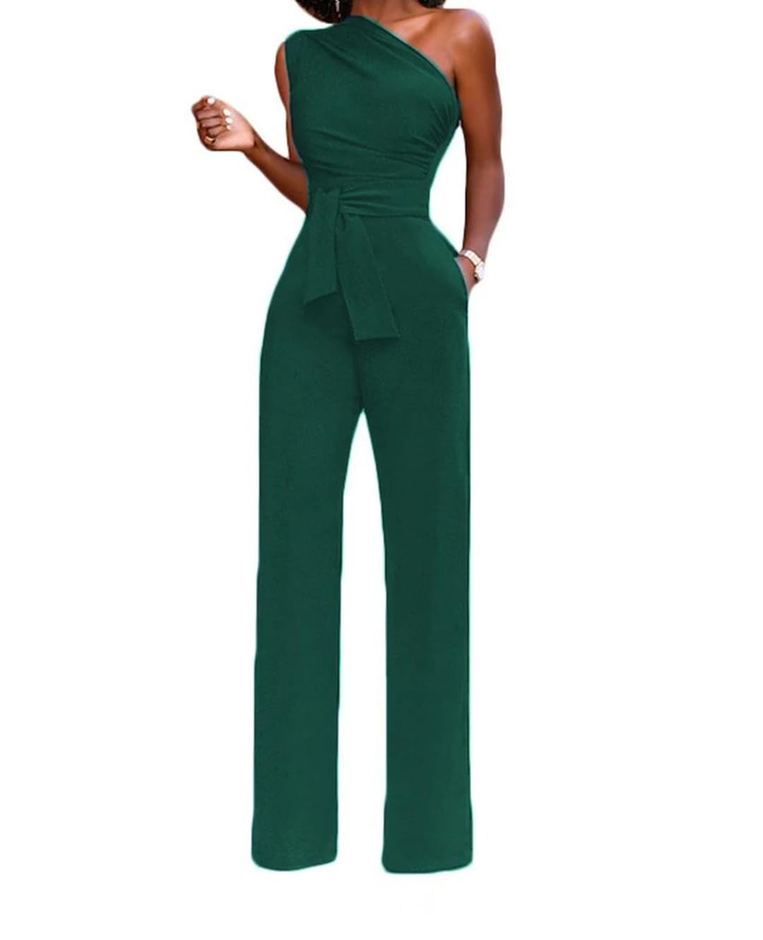 Yeuyyben Mono de pierna ancha con un hombro para mujer, sin mangas, elegante, casual, para fiesta de verano