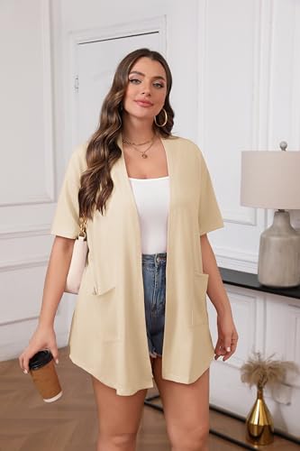 Image of IN'VOLAND Women Plus Size Lightweight Cardigan Short Sleeve Open Front Casual Summer Kimonos Cardigans with Pockets