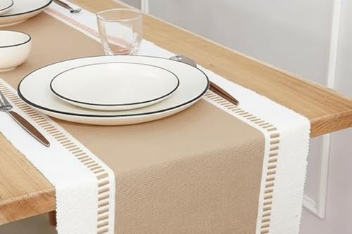 Image of North Field Handwoven Soft Cotton Table Runner for 4-6 Seater - Handloom Traditional Indian Design - Eco-Friendly Dining Decor - 100% Cotton | 14X54 Inch | 0.5 Kg (Beige)