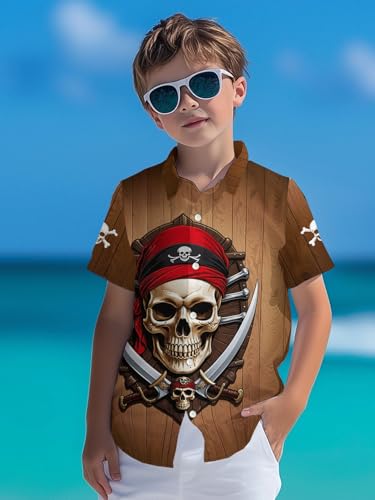 Image of THE PIRATE KING Funny Pirate Hawaiian Shirt Boys Girls Beach Tropical Casual Short Sleeve Button Down Shirt for 5-14 Years