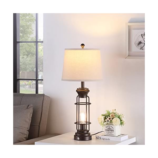 Table lamp for living roon set of 2 293 tall farmhouse table lamp with 2 nightlight bulbs oil rubbed bronze bedside lamp with white oatmeal lampshade for living room bedroom bulbs included  urban country home decor