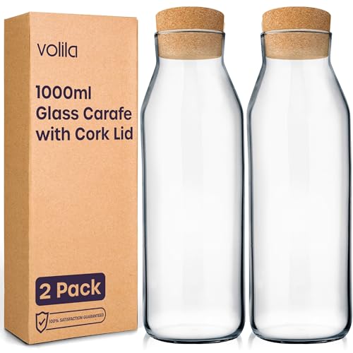Caraffa per acqua da 1 litro, confezione da 2 caraffe in vetro con coperchio per bevande fredde, latte e succhi di frutta, bottiglie di vetro versatili per conservare detersivi